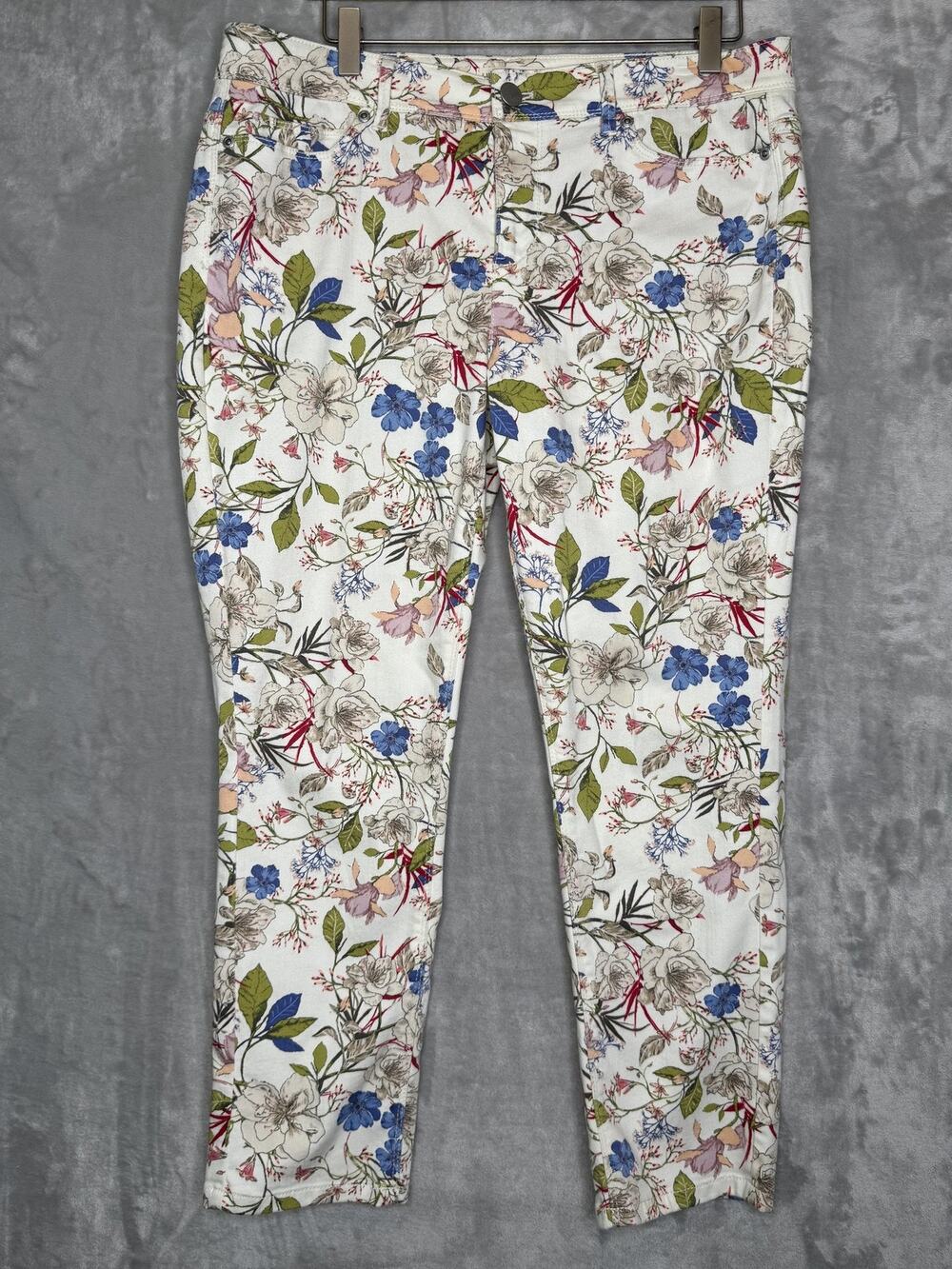 J. Jill White Floral Cropped Pants with Blue, Green and Pink Accents